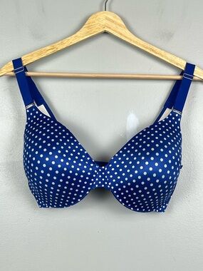 Soma Vanishing Back Full Coverage blue polka dot underwire bra, 34DD.